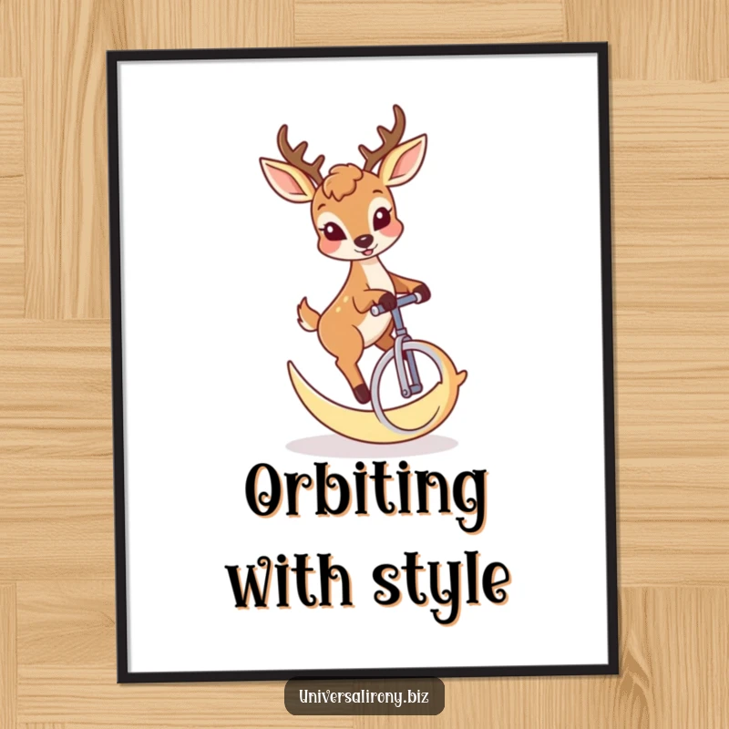 Funny deer with a mischievous grin riding a crescent moon unicycle in a whimsical digital art print.