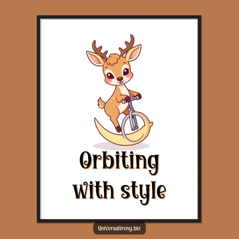 Funny Deer Moon Unicycle Digital Art - Quirky Celestial Wall Decor