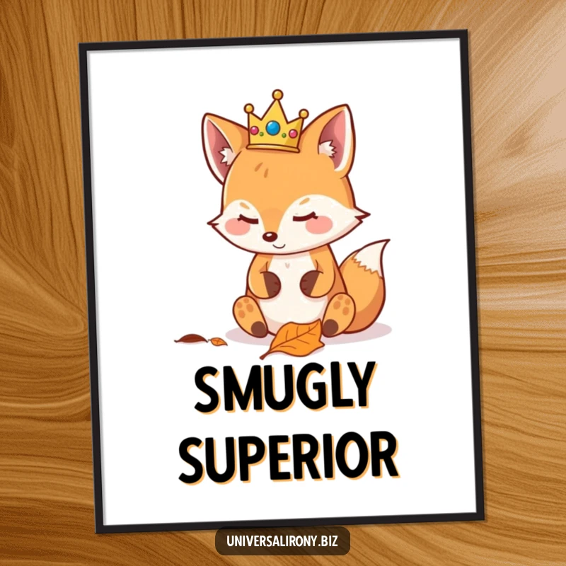 Funny kawaii fox wearing a tiny crown, looking smugly at a fallen leaf, available as a digital art print for regal wall decor.