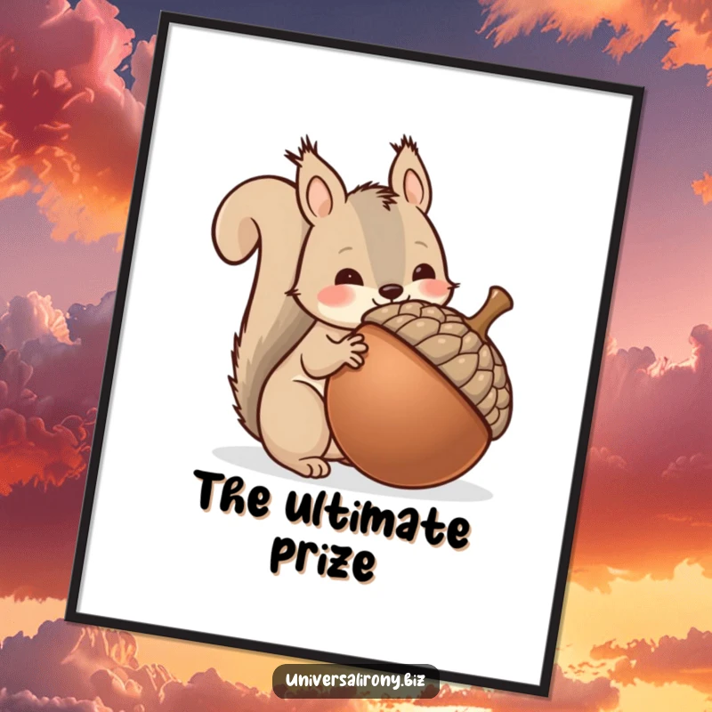 Funny kawaii squirrel attempting to hoard a single, enormous acorn, available as a digital art print for whimsical wall decor.