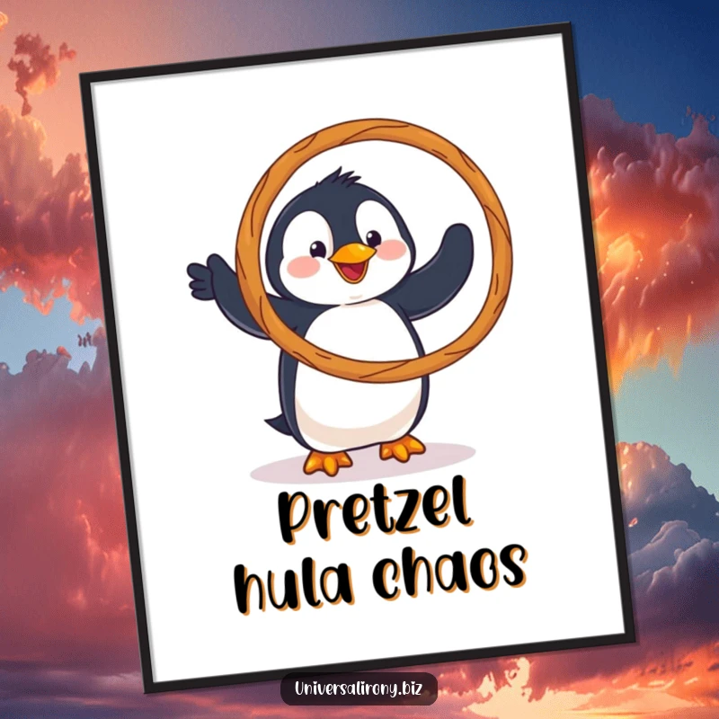 Funny digital art print of a clumsy penguin hilariously attempting to hula hoop with a giant pretzel, adding whimsical charm.