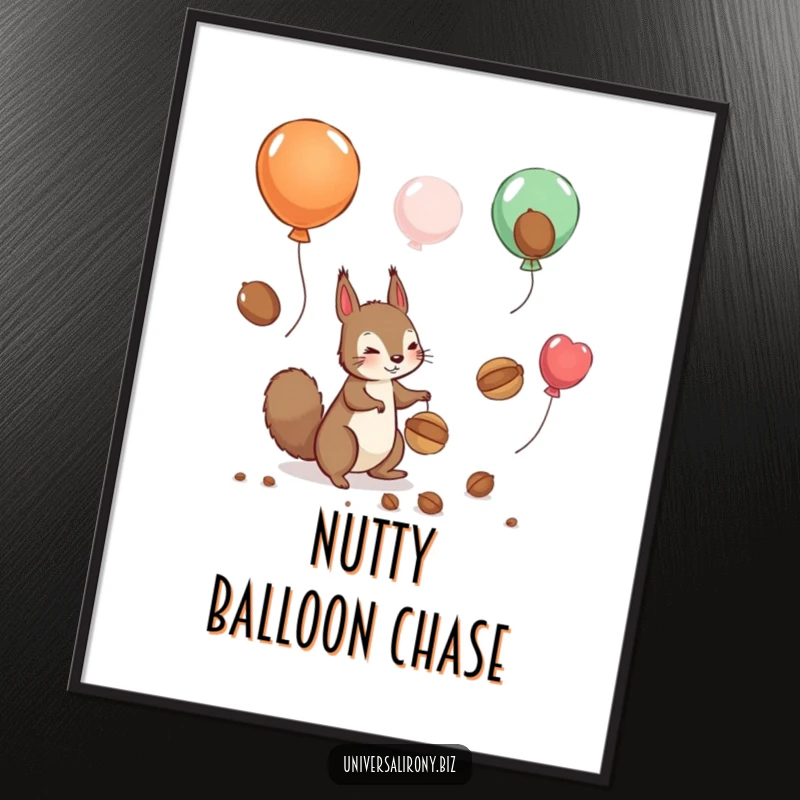 Funny digital art print of a playful squirrel hilariously chasing nuts floating away on balloons, adding whimsical charm.