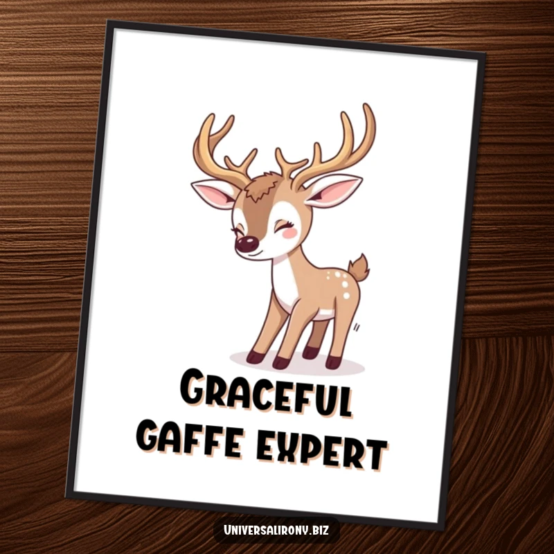 Funny kawaii deer playfully tripping over its oversized antlers, available as a digital art print for whimsical wall decor.