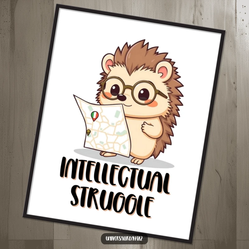 Funny kawaii hedgehog with spectacles, confused by a large map, available as a digital art print for whimsical wall decor.