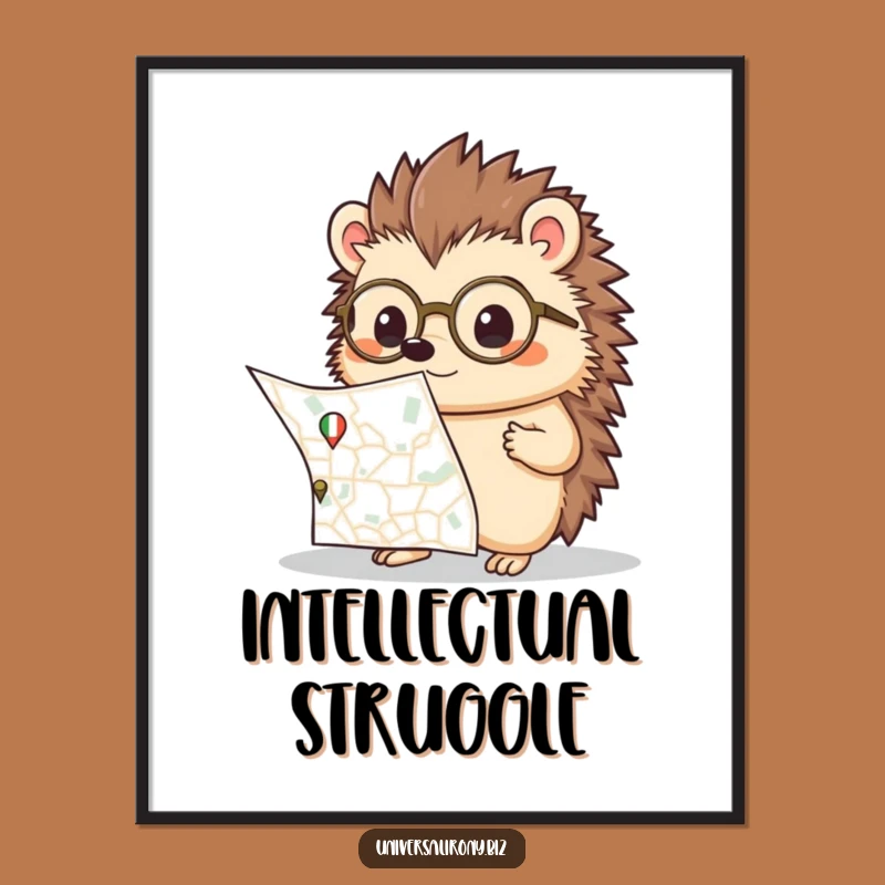 Funny Kawaii Hedgehog Map Digital Art - Confused Explorer Print Gift