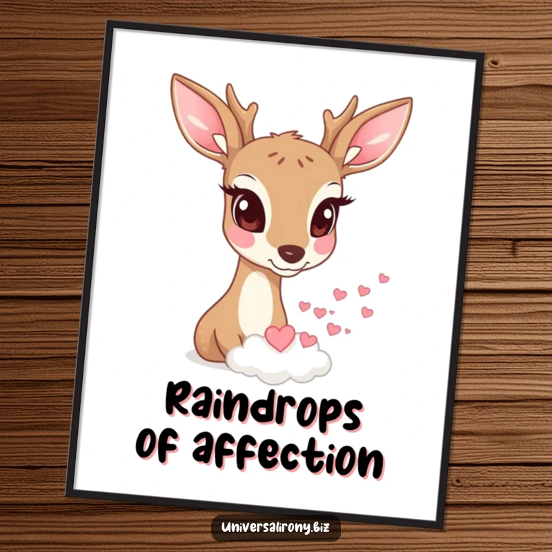 Funny deer with wide eyes watching a tiny cloud rain miniature hearts in a whimsical digital art print.