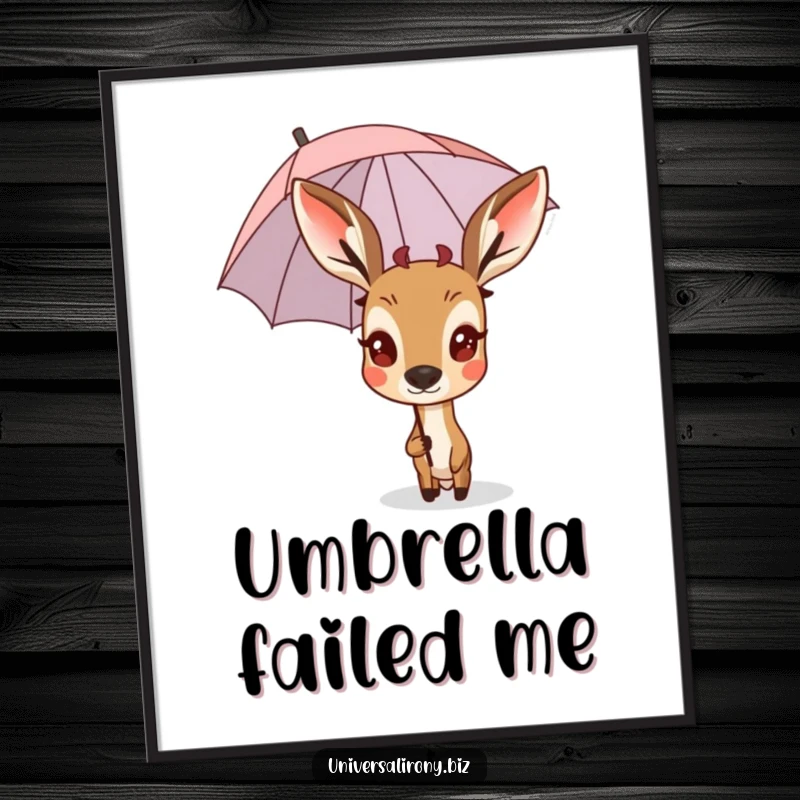Funny surprised deer peeking from behind a tiny, upside-down umbrella in a digital art print.