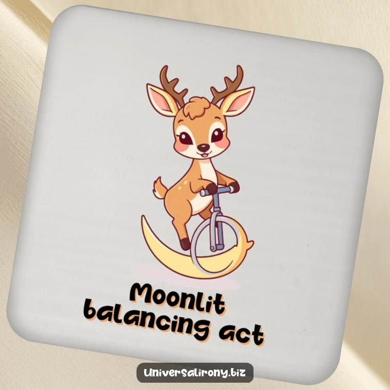 Funny deer with a mischievous grin riding a crescent moon unicycle on a decorative drink coaster.