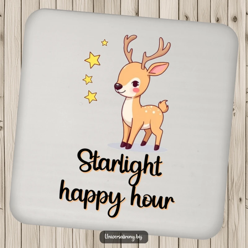 Funny playful deer juggling small twinkling stars on a decorative drink coaster.