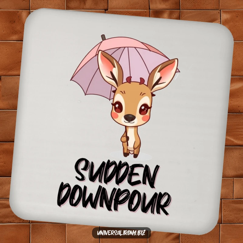 Funny surprised deer peeking from behind a tiny, upside-down umbrella on a functional drink coaster.