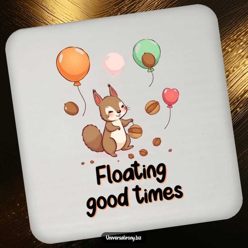 Funny drink coaster featuring a playful squirrel hilariously chasing nuts floating away on balloons, adding whimsical decor.