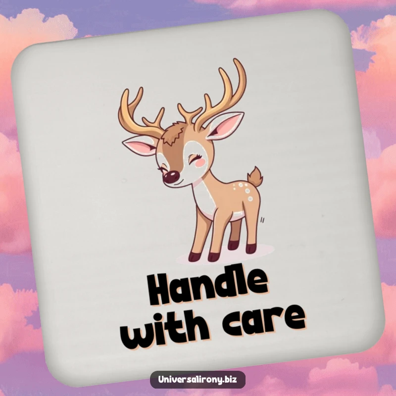 Funny kawaii deer tripping over large antlers, on a drink coaster, protecting surfaces with adorable clumsiness.
