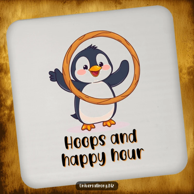 Funny drink coaster featuring a clumsy penguin hilariously trying to hula hoop with a giant pretzel, adding quirky decor.
