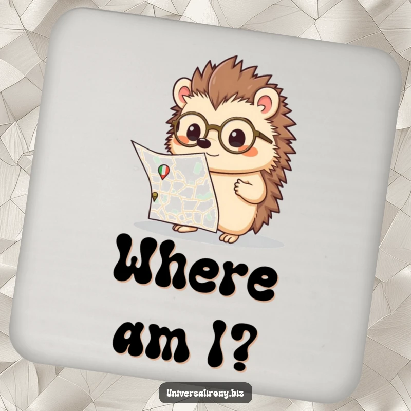 Funny kawaii hedgehog with spectacles, confused by a map, on a drink coaster, protecting surfaces with charming intellect.