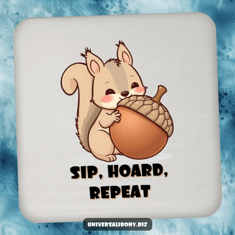 Funny kawaii squirrel hoarding a giant acorn, on a drink coaster, protecting surfaces with whimsical obsession.