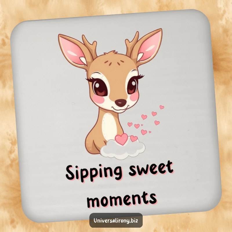 Funny deer with wide eyes watching a tiny cloud rain miniature hearts on a decorative drink coaster.