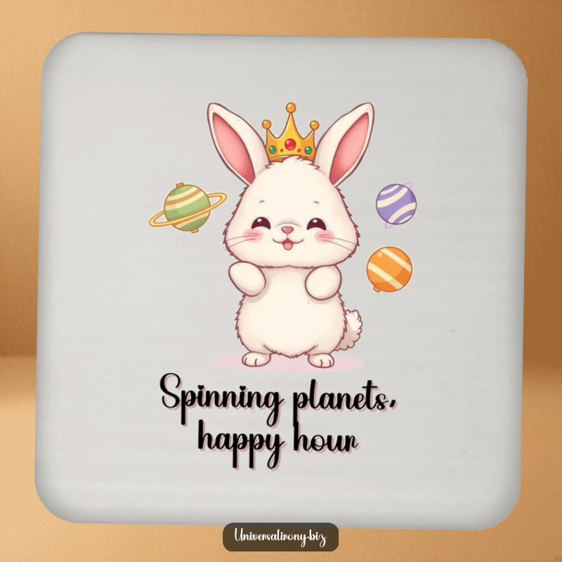 Funny drink coaster featuring a fluffy crowned bunny hilariously juggling three spinning planets, adding a quirky touch to any table.