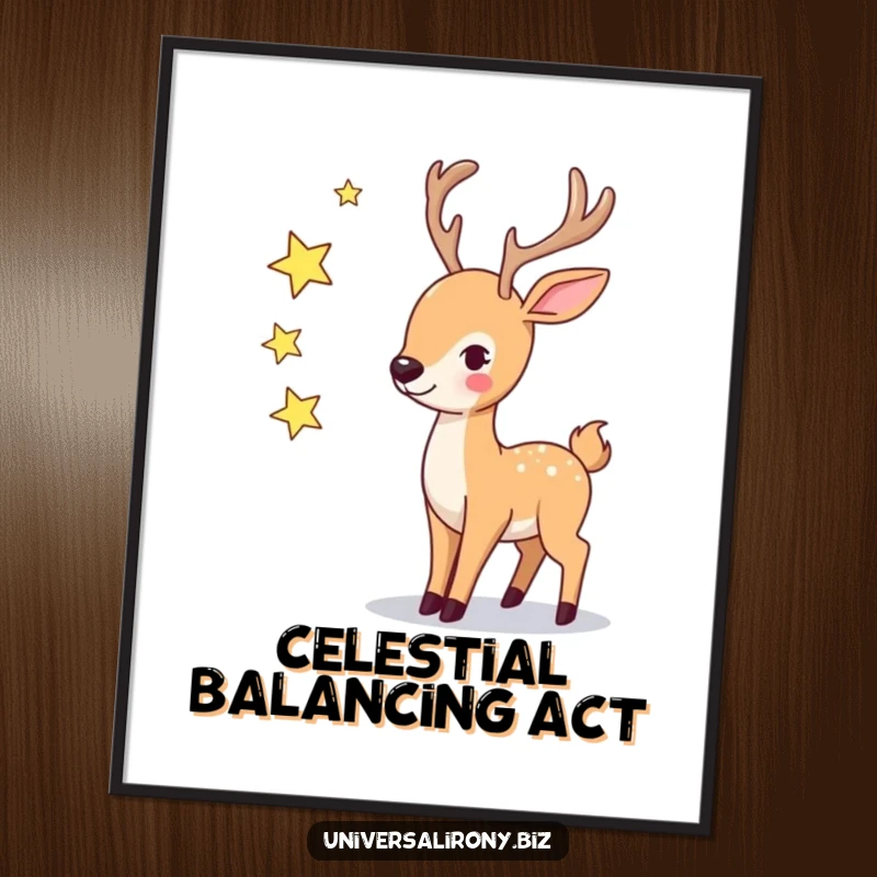 Funny playful deer juggling three twinkling stars on a whimsical poster, perfect for wall decor.