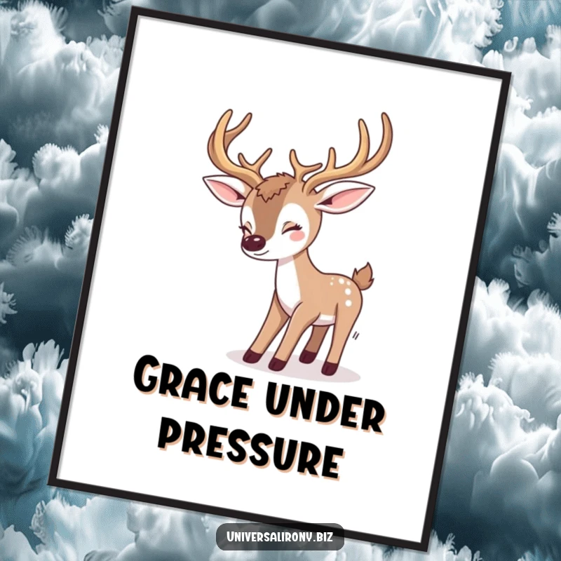 Funny kawaii deer hilariously tripping over its oversized antlers, printed on a poster for whimsical wall decor.