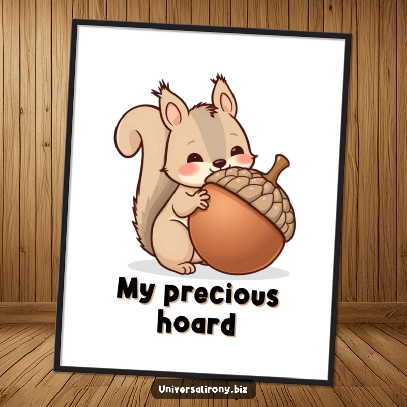 Funny kawaii squirrel attempting to hoard a single, enormous acorn, printed on a poster for whimsical wall decor.