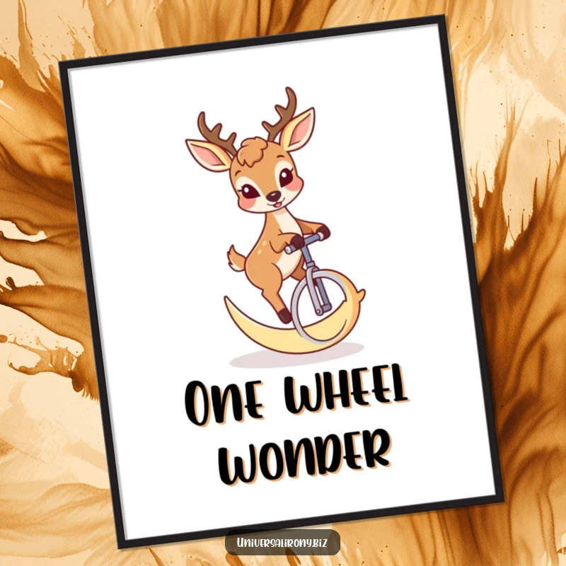 Funny deer with a mischievous grin riding a crescent moon unicycle on a whimsical poster print.