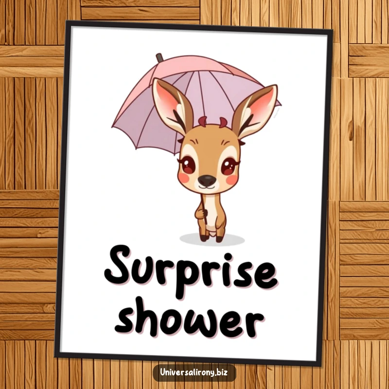 Funny surprised deer peaking from behind a small, upside-down umbrella on a decorative poster.