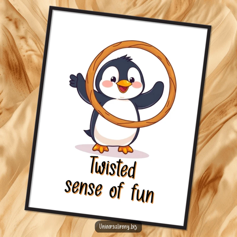 Funny poster art of a clumsy penguin hilariously trying to hula hoop with a gigantic pretzel, bringing whimsical charm.