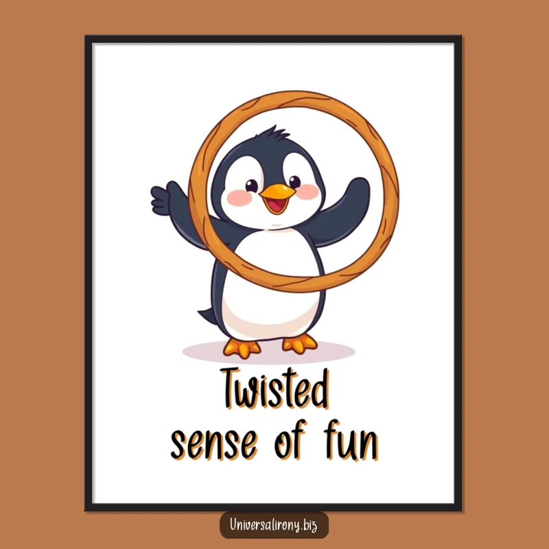 Funny Clumsy Penguin Pretzel Poster: Whimsical Wall Art for Snack Lovers