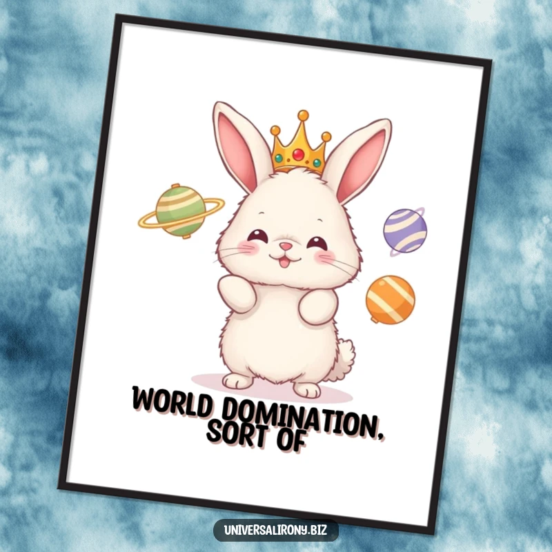 Funny poster art of a fluffy crowned bunny attempting to juggle three spinning planets, bringing cosmic charm and humor to any room.