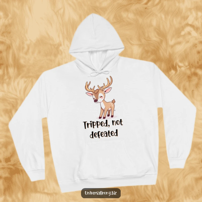 Funny kawaii deer tripping over large antlers, featured on a warm hoodie, ideal for cozy, humorous relaxation.