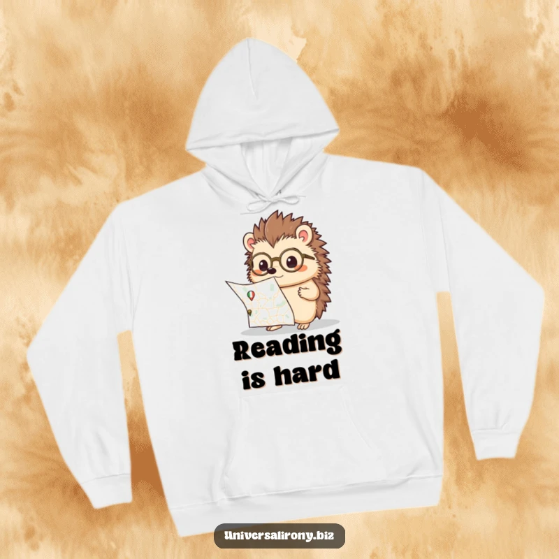 Funny kawaii hedgehog with tiny glasses, confused by a large map, on a warm hoodie for cozy contemplation.