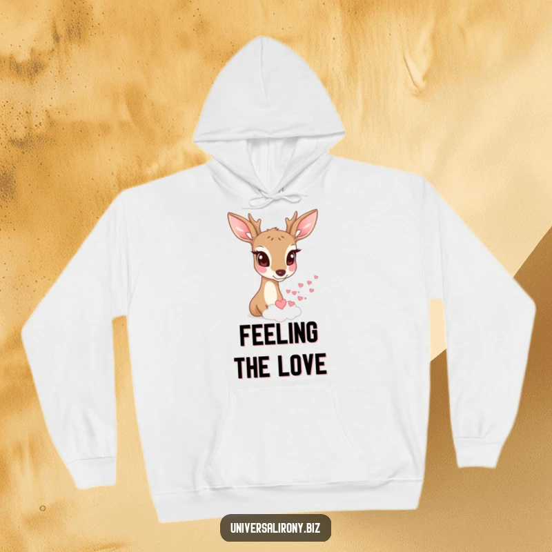 Cozy hoodie featuring a funny deer with wide eyes watching a tiny cloud rain miniature hearts.