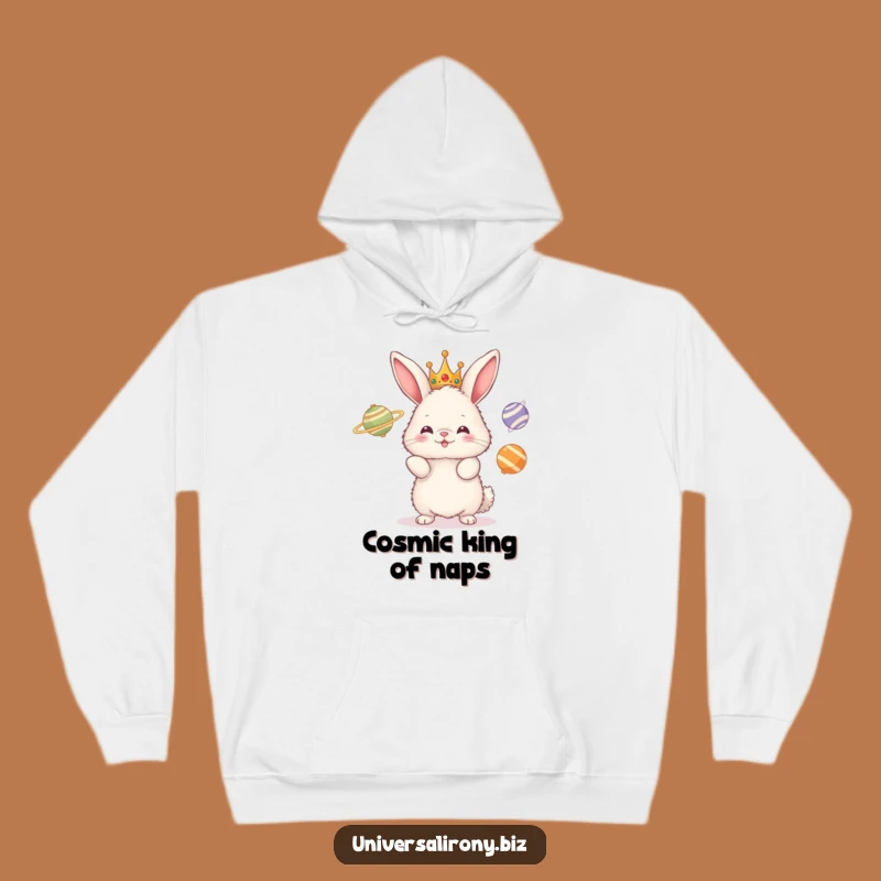 Funny Cosmic Bunny Hoodie: Cozy and Hilarious Crowned Rabbit Planet Juggling Sweatshirt