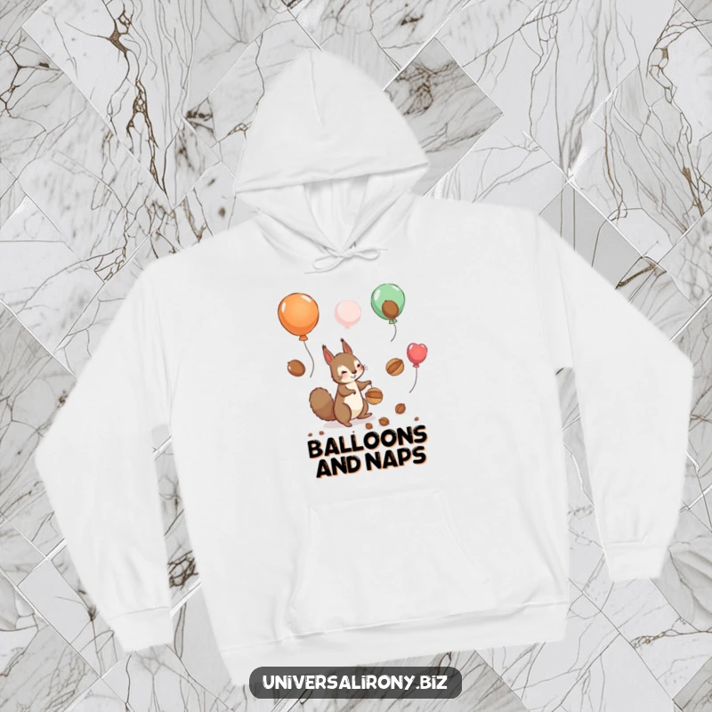 Funny hoodie depicting a playful squirrel hilariously trying to catch nuts floating away on balloons, offering cozy whimsical fun.