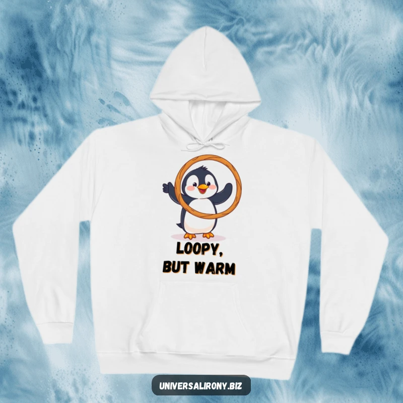 Funny hoodie depicting a clumsy penguin hilariously trying to hula hoop with an oversized pretzel, offering cozy, quirky fun.