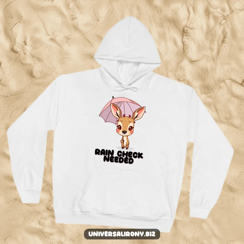 Funny surprised deer peering from behind a tiny, upside-down umbrella on a comfortable hoodie.