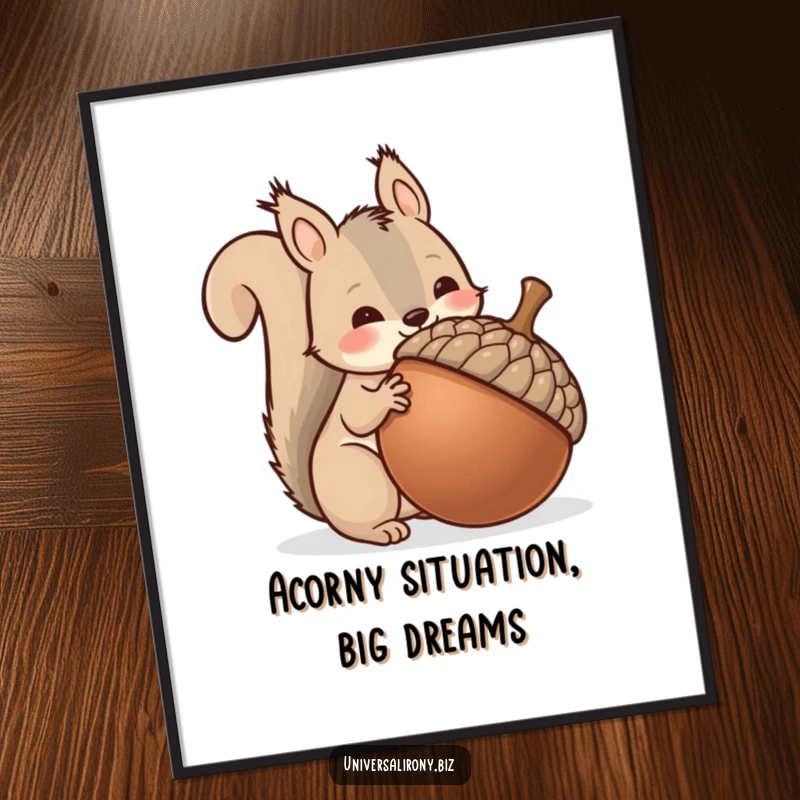 Free Printable Wall Art: Cute kawaii squirrel trying to hoard one massive acorn, looking determined.