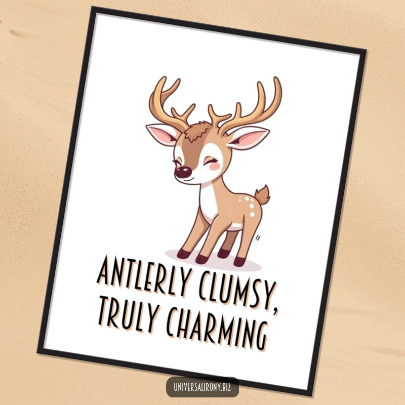Free Printable Wall Art: Adorable kawaii deer hilariously tripping over its own oversized antlers.