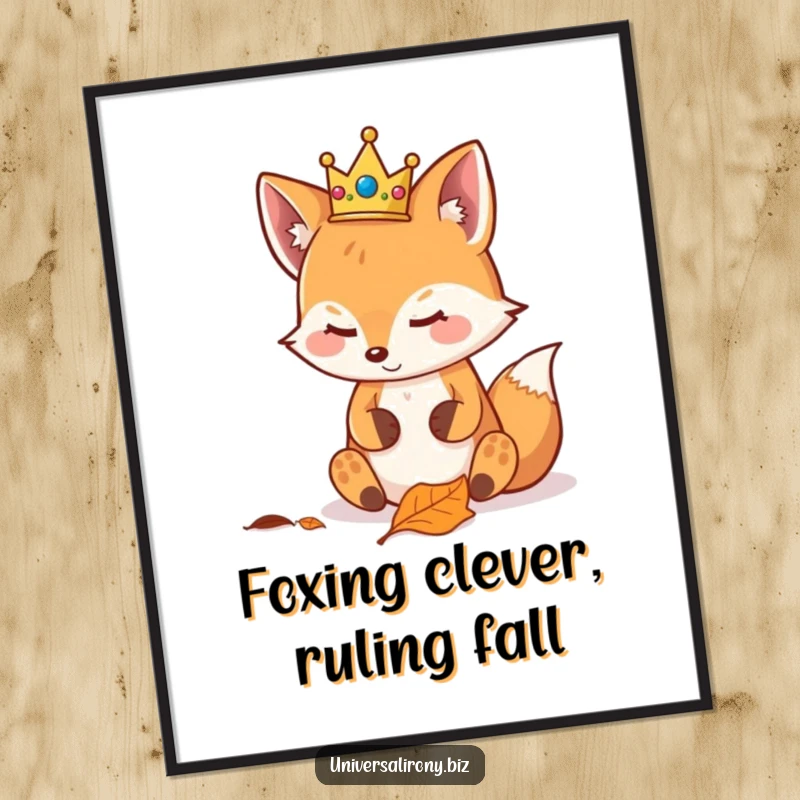 Free Printable Wall Art: Cute kawaii fox wearing a tiny crown, looking smugly down at a fallen leaf.
