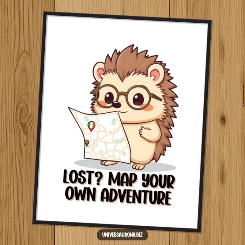 Free Printable Wall Art: Cute kawaii hedgehog wearing spectacles, looking bewildered by a very large map.