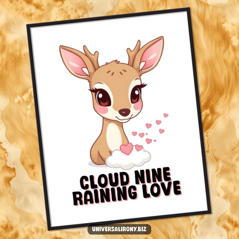 Funny Free Printable Deer Wall Art: Deer with wide eyes watching a sentient cloud rain miniature hearts, sweet decor.