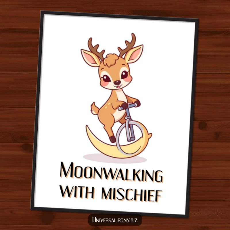 Funny Free Printable Deer Wall Art: Deer with a mischievous grin riding a crescent moon unicycle, quirky decor.