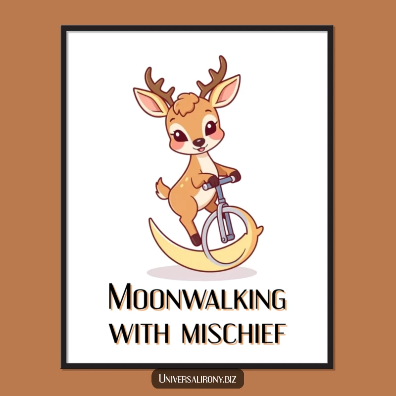 Funny Free Printable Deer Wall Art: Moon Unicycle Mischief Downloadable Decor