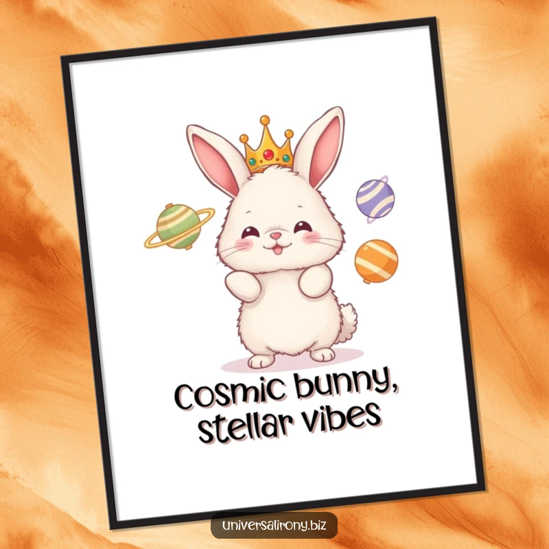 Funny Free Printable Wall Art: A fluffy bunny in a crown comically juggles three spinning planets, adding cosmic humor to your decor.