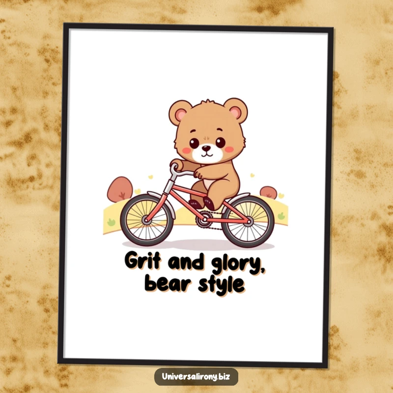 Funny Free Printable Wall Art: A cute bear cub shows sheer determination riding a tiny bicycle up a steep hill, inspiring art.