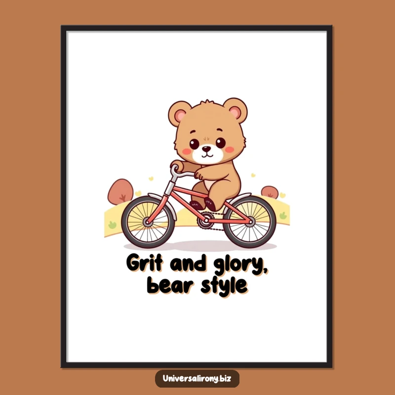 Funny Free Printable Wall Art: Determined Bear Cub Cycling Uphill, Humorous Downloadable Art for Motivation