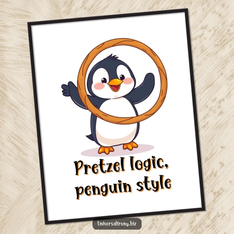 Funny Free Printable Wall Art: A clumsy penguin attempts to hula hoop with a giant pretzel, adding whimsical humor to your decor.