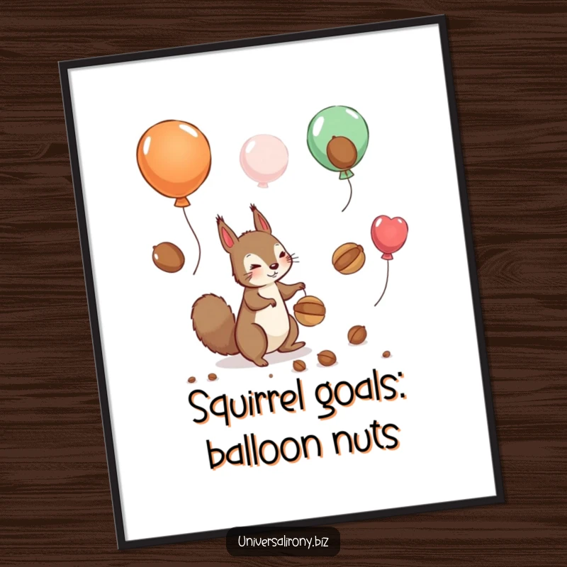 Funny Free Printable Wall Art: A playful squirrel attempts to collect nuts floating away on balloons, adding whimsical humor to your room.