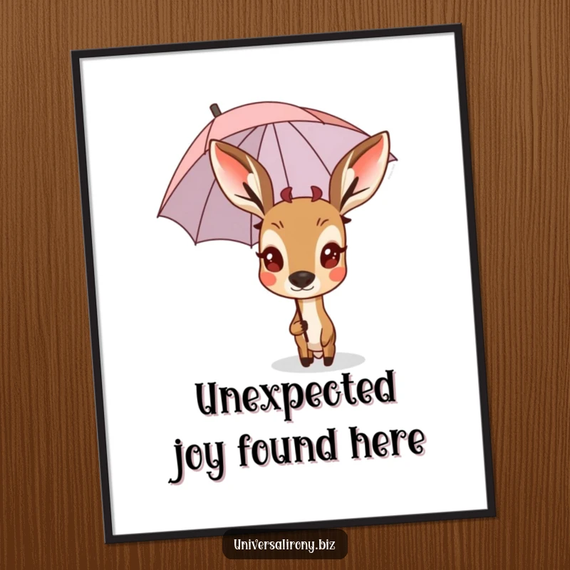 Funny Free Printable Deer Wall Art: Surprised deer peeking from a tiny, upside-down umbrella, cute decor.