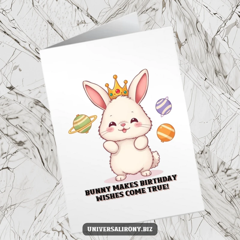 Funny Free Printable Birthday Card: Fluffy bunny in a crown struggles to juggle three spinning planets, a wonderfully chaotic DIY celebration.